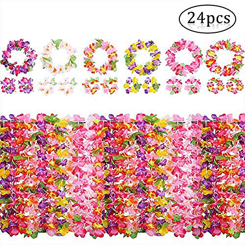 Yojoloin 24 Piezas Hawaianas Leis Luau Flores con 12 Pulseras 6 Diademas y 6 Collares para Luau Hawaiian Party Decoraciones Suministros Photo Booth Props.