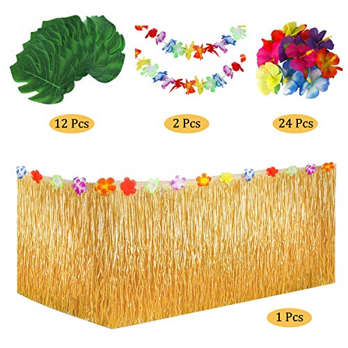 Yojoloin 39 Pcs Hawaiano Luau Falda de Mesa Set de decoración, Decoración de Fiesta Tropical de 9.6FT,Hojas de Palmera, Flores Hawaianas, pancartas Luau Decoraciones para la Fiesta temática de Hawai.