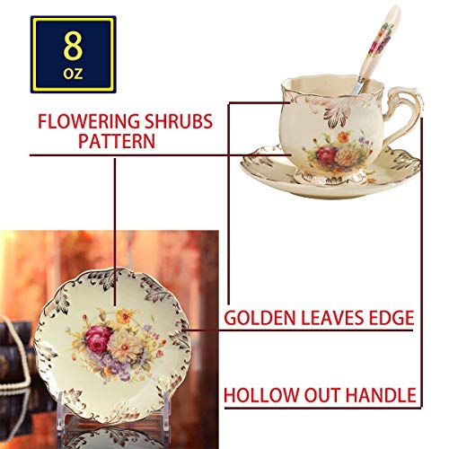 YOLIFE - Juego de tazas de té y platillos con arbustos florecientes, juego de tazas de té de cerámica marfil, paquete de 6 con estante de metal dorado