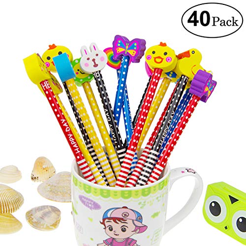 Yolistar Conjunto de lápiz de Dibujos Animados, 40 Piezas de lápiz de Madera con lápices de Color Grafito de Goma con borradores, Material Escolar Regalo de los niños, para Fiesta de cumpleaños