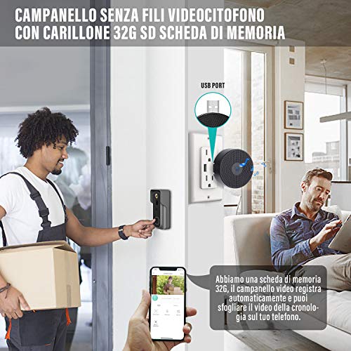 YOMYM - Campanilla de vídeo inalámbrica 1080P WiFi, audio bidireccional, detección de movimiento, visión nocturna, vídeo en tiempo real, almacenamiento en la nube con tarjeta SD de 32 G (B2)