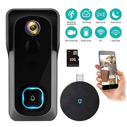 YOMYM - Campanilla de vídeo inalámbrica 1080P WiFi, audio bidireccional, detección de movimiento, visión nocturna, vídeo en tiempo real, almacenamiento en la nube con tarjeta SD de 32 G (B2)