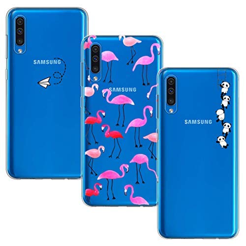 Yoowei [3-Pack] Funda para Samsung Galaxy A30S / A50 / A50S, Transparente con Dibujos Ultra Fino Suave TPU Silicona Protector Carcasa (Avión de Papel, Pandas y Flamencos Roja)