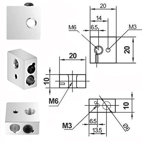 YOTINO 5x boquilla de teflón garganta, 30 mm de largo + 5x boquillas de extrusión de latón, 0,4 mm + 5x bloque de calentador de aluminio para MK7, MK8 impresora MakerBot RepRap 3D