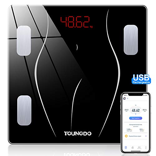 YOUNGDO Báscula Grasa Corporal 30*30, Báscula Baño Digital Bluetooth Inteligente Con USB Carga 23 Medidas Corporales Esenciales (Grasa Corporal/Músculo/BMI etc.) 999 Usuarios para Android e iOS