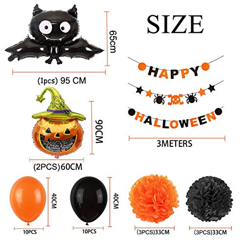 YOUYIKE Decoración de fiesta de Halloween Set Happy Halloween Balloons Banner, Bat, Pumpkin Ghost Foil balloon Black Orange Globo de látex para Halloween Bar Suministros de decoración del hogar