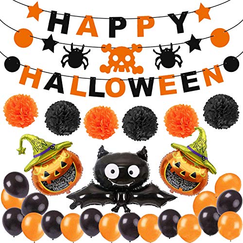 YOUYIKE Decoración de fiesta de Halloween Set Happy Halloween Balloons Banner, Bat, Pumpkin Ghost Foil balloon Black Orange Globo de látex para Halloween Bar Suministros de decoración del hogar