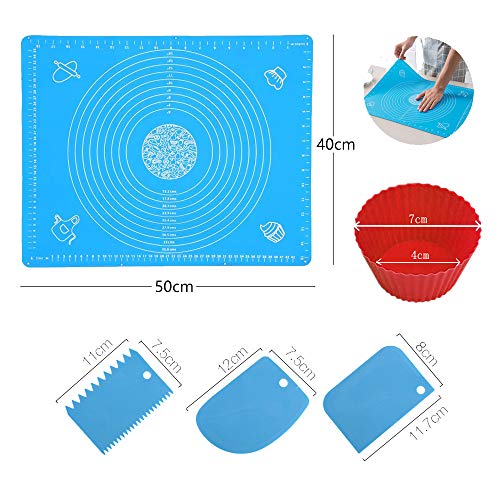 YOUYIKE Tapete de Silicona para Amasar,50 x 40cm,Hornear Baking Mat con Medidas y 1xRodillo de Amasar y con 3pcs Diferentes raspadores, Reutilizable Almohadilla de Silicona para Pasta/Pizza/Torta