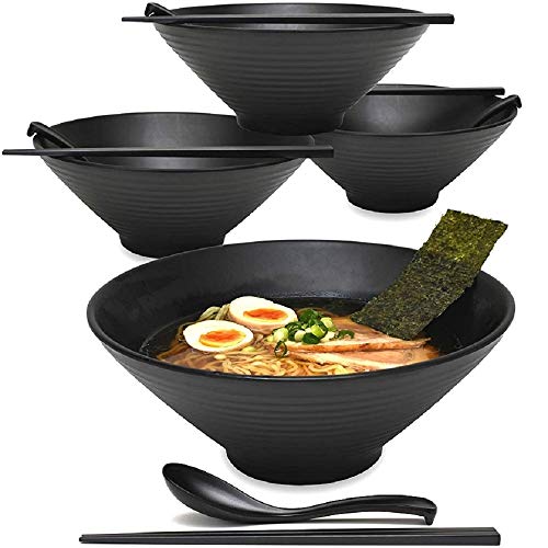 YOUZHI 4 Juegos (12 Piezas) 1700 ml Tazón Grande para Sopa Japonesa Vajilla de plástico Duro de melamina Juego de tazón Ramen con Cuchara y Palillos a Juego (, Negro, Rojo, 9 Pulgadas),Negro