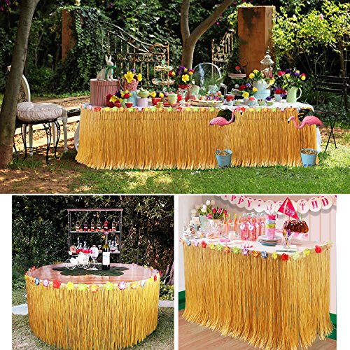 YQing 117 Piezas Hawaiano Luau Falda de mesa Set de decoración, Decoración de fiesta tropical de 9.6FT con hojas de palma Flores hawaianas decoraciones de mesa de fiesta Tiki de verano