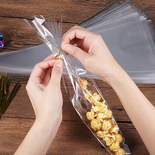 ysister Bolsas de Cono Transparentes 200 Piezas Bolsa de Regalo Bolsa de Dulces Bolsas de Celofán con Lazos para Dulces Galletas Regalos Fiestas cumpleaños 17×37cm