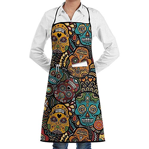 Yuanmeiju Mexican Sugar Skulls Adjustable Bib Delantal with 2 Pockets, Cooking Kitchen Delantals for Women Men Chef