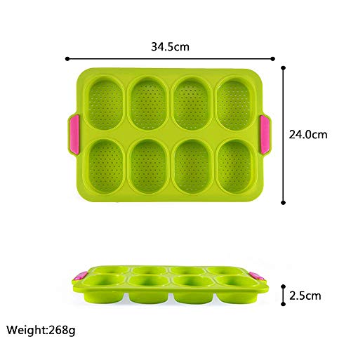 YUANXIA Baguette Hornear Bandeja, Silicona Bricolaje Horneado Bueno Flexibilidad Antiadherente Pan Molde Bandeja Es para Francés Pan, Pan Palos y Pan Rollos (Verde, 8 Rejillas)