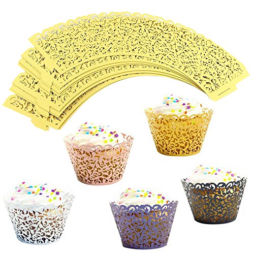 YuCool - Envoltorios para cupcakes, 100 unidades, 5 colores cortados con láser, filigrana para magdalenas y cupcakes + 30 piezas de palos de decoración en forma de corazón (multicolor)