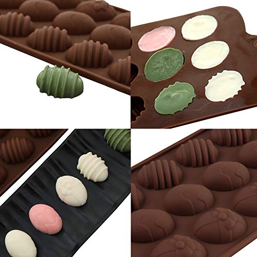 YuCool - Moldes de silicona para chocolate con huevo de Pascua, 3 unidades de moldes de silicona con 15 cavidades para gelatina de chocolate, cubitos de hielo, rosa, chocolate