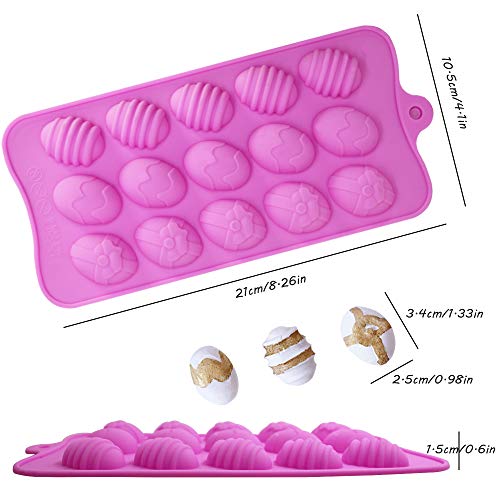 YuCool - Moldes de silicona para chocolate con huevo de Pascua, 3 unidades de moldes de silicona con 15 cavidades para gelatina de chocolate, cubitos de hielo, rosa, chocolate