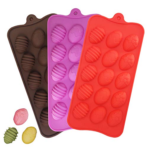 YuCool - Moldes de silicona para chocolate con huevo de Pascua, 3 unidades de moldes de silicona con 15 cavidades para gelatina de chocolate, cubitos de hielo, rosa, chocolate