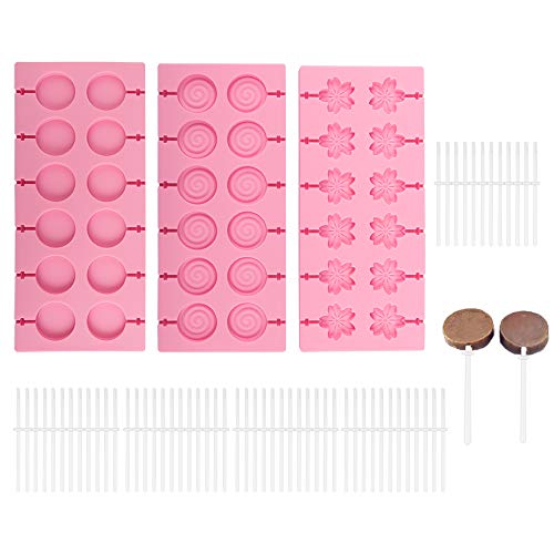 YuCool - Moldes de silicona para piruletas (12 cavidades, redondos, cerezos, chocolate, con 60 palitos de chupete
