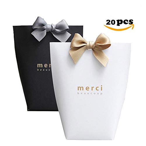 Yuecute - Cajas para caramelos cortadas a láser con cintas, para despedidas de soltera, bodas, fiestas, decoración de fiestas y Pascua, paquete con 20 unidades Big Negro y blanco.