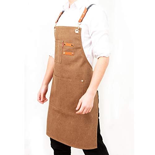 YUENA CARE Delantal Trabajo, Delantal de Cocina Ajustable Mandil de Lona Duradero para Cocinero Camarero Servidores Baristas, con Bolsillos, para Mujer y Hombre #1