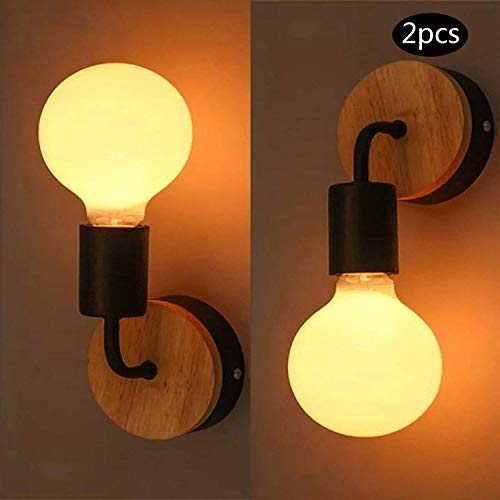 YUENSLIGHTING 2 Piezas Loft negro lámpara de pared Simplicidad E27 LED de hierro y placa de madera lámparas de pared para los niños Dormitorio Dormitorio Hotel Bar (sin bulbo)