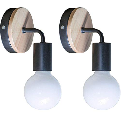 YUENSLIGHTING 2 Piezas Loft negro lámpara de pared Simplicidad E27 LED de hierro y placa de madera lámparas de pared para los niños Dormitorio Dormitorio Hotel Bar (sin bulbo)