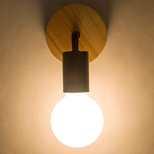 YUENSLIGHTING 2 Piezas Loft negro lámpara de pared Simplicidad E27 LED de hierro y placa de madera lámparas de pared para los niños Dormitorio Dormitorio Hotel Bar (sin bulbo)