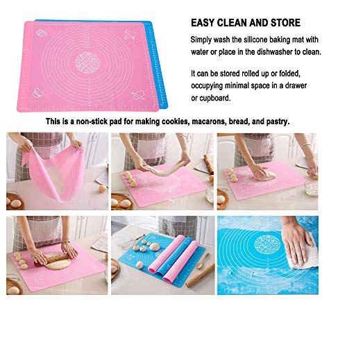 Yuhtech 2 Pack Silicone Baking Mat con Medidas para Rolling de Masa, Reutilizable Tapete de Silicona para amasar y Hornear