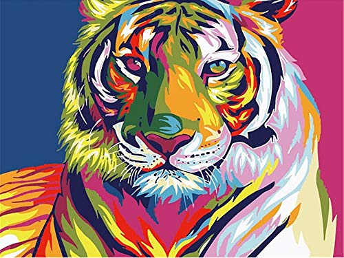 Yuknees Pintar por Numeros,DIY Painting by Numbers,Adults Kids Paint by Number Kits,Pinceles y Pinturas Decoraciones para el Hogar(40 cm x 50 cm)-Sin Marco (Tigre Colorido)