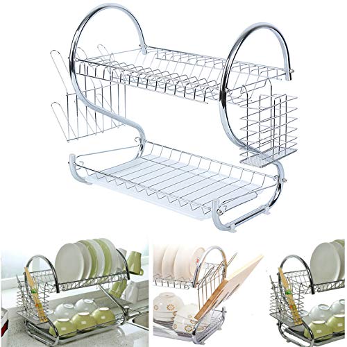 Yunge Silver Escurreplatos de 2 Niveles Soporte para Bastidor Vaso de Acero Inoxidable Cubiertos para Rack Organizador para Secado de Cubiertos