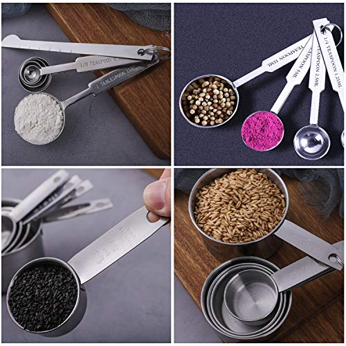 Yuning Juego de 12 Tazas y cucharas de medir de Acero Inoxidable con Regla de medición, Cuchara con Clip, para Medir Líquidos y Los Ingredientes Secos