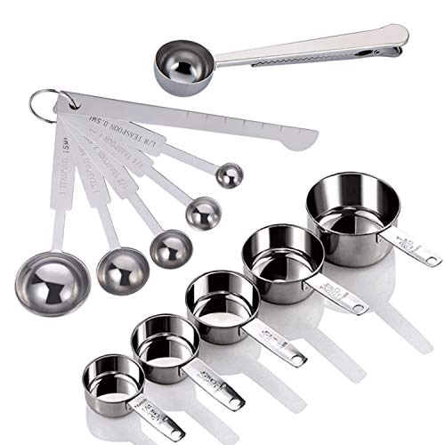 Yuning Juego de 12 Tazas y cucharas de medir de Acero Inoxidable con Regla de medición, Cuchara con Clip, para Medir Líquidos y Los Ingredientes Secos