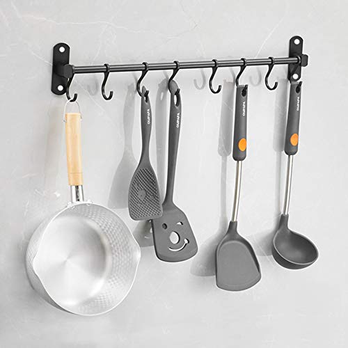 YunNasi Colgador de Utensilios de Cocina Aluminio Barra para Cocina con 8 Ganchos y 2 Tornillos para Baño Bar Dormitorio Armario