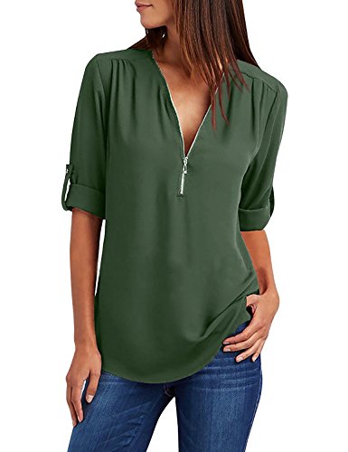 Yuson Girl Camisas Mujer Nuevo Blusas para Mujer Vaquera Sexy Gasa Tops Camisetas Mujer Cremallera Manga Corta Blusas (Verde, XXL)