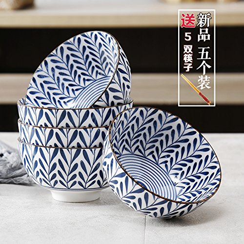 YUWANW Hogar Japonés Underglaze Cuenco De Cerámica 4.5 Pulgadas De Arroz Cocido 5 Palos Pequeño Tazón De Sopa De Comer Un Tazón De Azul Y Blanco Bowl,5 Tazones De Brocade Hoja De Helecho