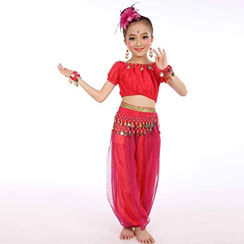 YWLINK 6PC NiñOs Hechos A Mano NiñA Trajes Egipto PañO De La Danza ActuacióN Danza India Evento Festival Arriba+Los+Pantalones+Cadena De La Cintura+Pulsera+Flor De La Cabeza(Rosa Caliente,M)