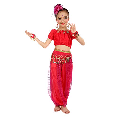 YWLINK 6PC NiñOs Hechos A Mano NiñA Trajes Egipto PañO De La Danza ActuacióN Danza India Evento Festival Arriba+Los+Pantalones+Cadena De La Cintura+Pulsera+Flor De La Cabeza(Rosa Caliente,M)