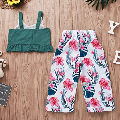 YWLINK Verano Conjunto NiñAs Mezcla De AlgodóN Sin Mangas Camisola Ruffle Top Color Solido Camiseta Arriba+Arco Pantalones Estampados Playa Viajes Fiesta Vestido Moda Linda(Verde,18-24 meses/100)