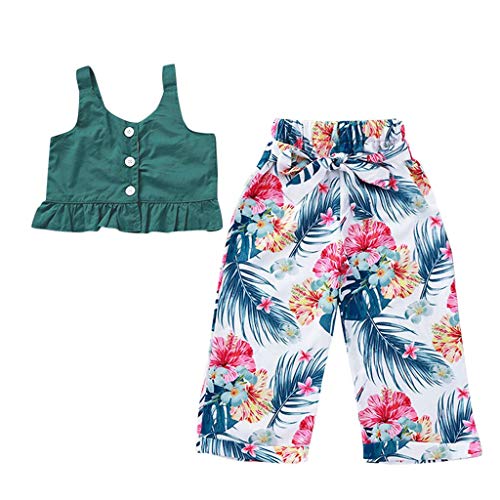 YWLINK Verano Conjunto NiñAs Mezcla De AlgodóN Sin Mangas Camisola Ruffle Top Color Solido Camiseta Arriba+Arco Pantalones Estampados Playa Viajes Fiesta Vestido Moda Linda(Verde,18-24 meses/100)