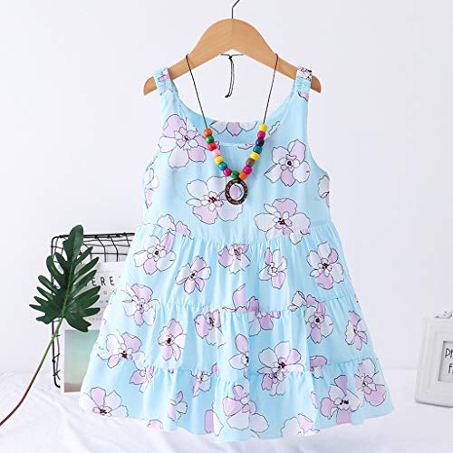 YWLINK Verano Vestido Estampado para NiñOs Falda Pastel Falda Playa Vestido Princesa+Collar Accesorio Mezcla De AlgodóN Cuello Redondo Confort Falda De Baile Regaloo(Azul,4-5 años/110)