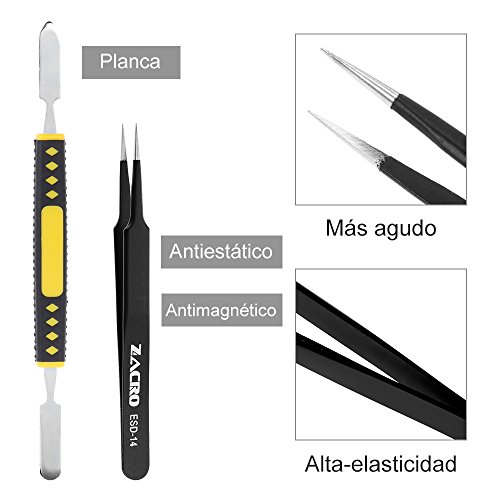 Zacro 11 Pcs Pinzas de Precisión, Tweezers ESD Anti-Estáticas de Acero Inoxidable Pinzas para Electrónicas, Joyería, Laboratorio o Cosmetología, etc.