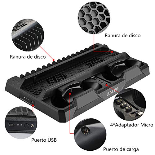 Zacro Soporte Vertical PS4 Pro/PS4 Slim/PS4 Ventilador Multifuncional Único Aparato,16 Ranuras para Discos de Juegos,3m Cable de Carga,Puerto de carga,4 Mini-adaptador micro de USB para Mando