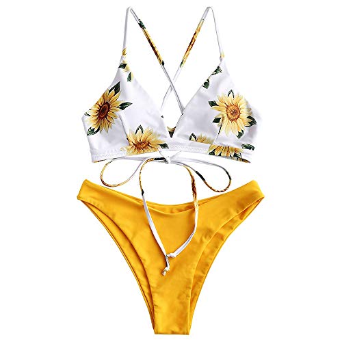 ZAFUL Conjunto de Bikini con Relleno Push Up Triangular Busto Ajustable con Tirantes Cruzados Traseros Estampado Talle Bajo (Margarita-Amarillo, M)