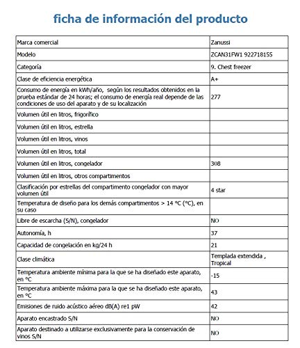 Zanussi ZCAN31FW1 Arcón congelador, Capacidad 308 Litros, 3 cestos, Compresor Inverter, Congelación Rápida, Display LCD, Alarma acústica y visual luminosa, Blanco, Clase A+