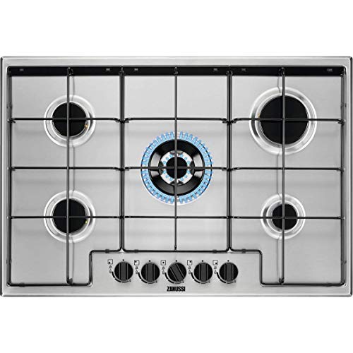 Zanussi ZGH75524XA Placa de gas, 5 fuegos, Mandos frontales, Quemador Wok, Calor Instantaneo, Entendido electrónico, Parrillas esmaltadas, Termopar de Seguridad, Antihuella, Inox, 75 cm