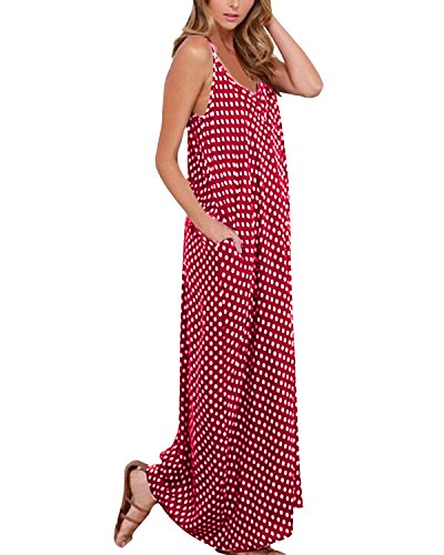 ZANZEA Mujeres Elegante Bohemio Algodón Casual Vestido Suelto Largo Playa Lunares Cuello V sin Mangas Rojo EU 48