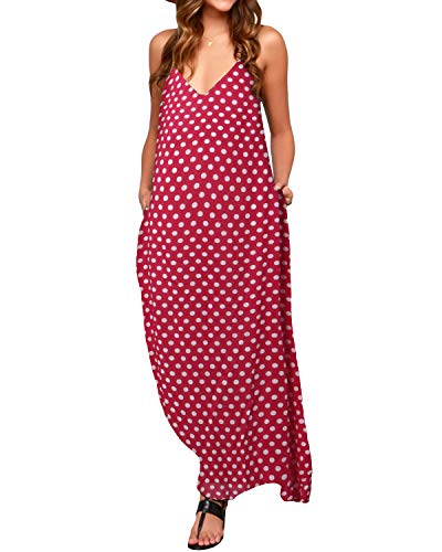 ZANZEA Mujeres Elegante Bohemio Algodón Casual Vestido Suelto Largo Playa Lunares Cuello V sin Mangas Rojo EU 48