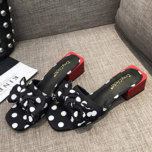 Zapatillas de Punta Abierta con Estampada Lunares de Arco de Mujer Cuadrada y Gruesa Sandalias de Tacón Ancho TOPKEAL (36 EU, Negro)