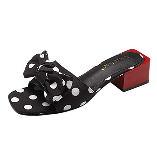 Zapatillas de Punta Abierta con Estampada Lunares de Arco de Mujer Cuadrada y Gruesa Sandalias de Tacón Ancho TOPKEAL (36 EU, Negro)