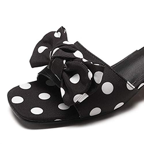 Zapatillas de Punta Abierta con Estampada Lunares de Arco de Mujer Cuadrada y Gruesa Sandalias de Tacón Ancho TOPKEAL (36 EU, Negro)